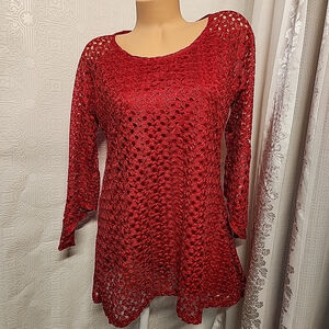 Holiday Red Lace Flowy Women's Bell Sleeves Christmas Shirt Sz M NWT